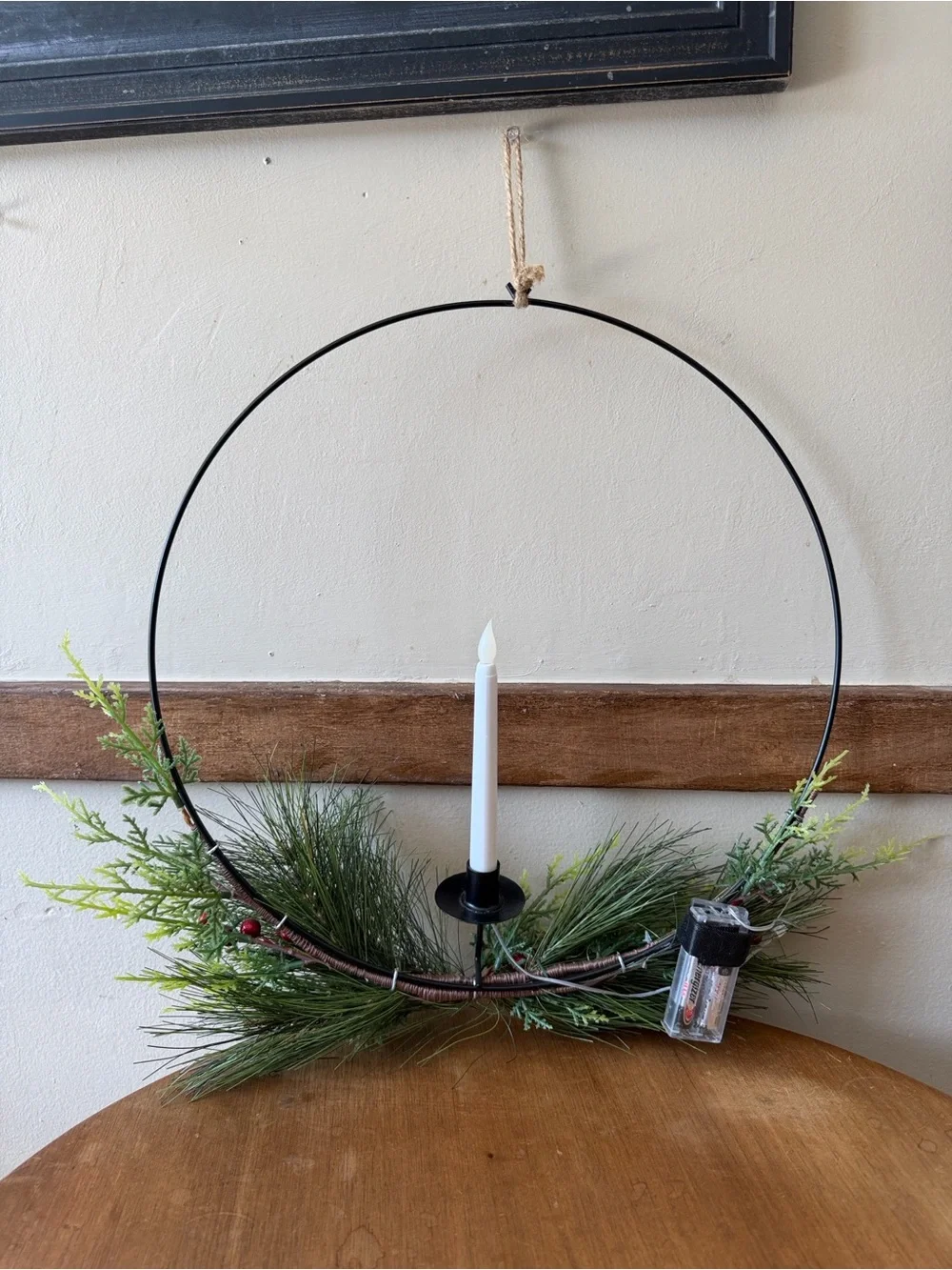 Wondershop Black Metal Holiday Hoop Wreath with Candle and Greenery
